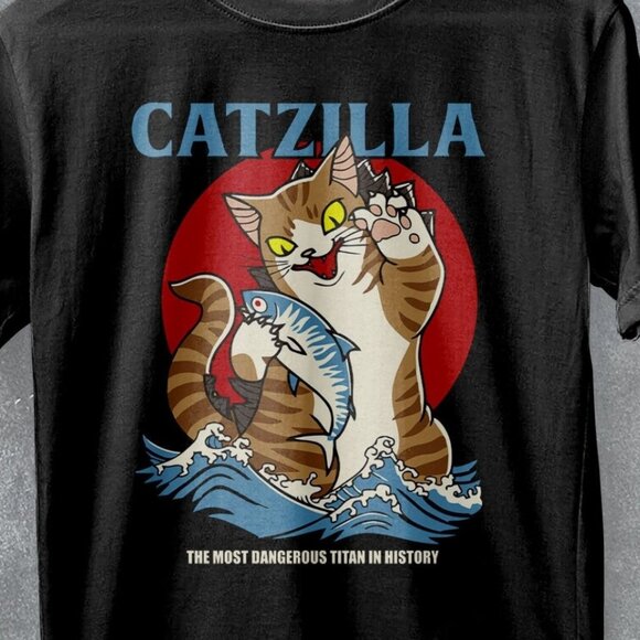 Catzilla Godzilla Japan Cat Lover Funny Parody Graphic Fan Art T-Shirt 170 - Picture 2 of 5